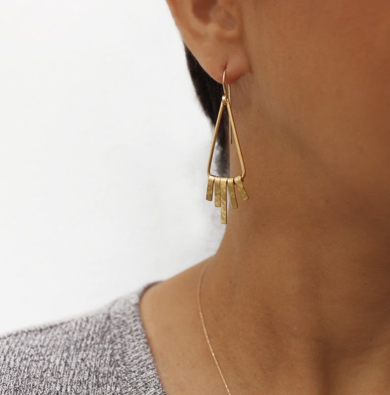 Dangle Fringe Earrings Triangle Dangle Earrings Gold Hammered Etsy