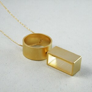 Round Gold pendant Geometric statement long necklace Rectangle Kinetic necklace Long gold necklace Movement jewelry image 2