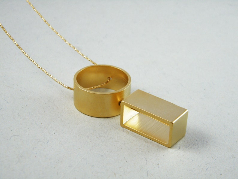 Round Gold pendant Geometric statement long necklace Rectangle Kinetic necklace Long gold necklace Movement jewelry image 2