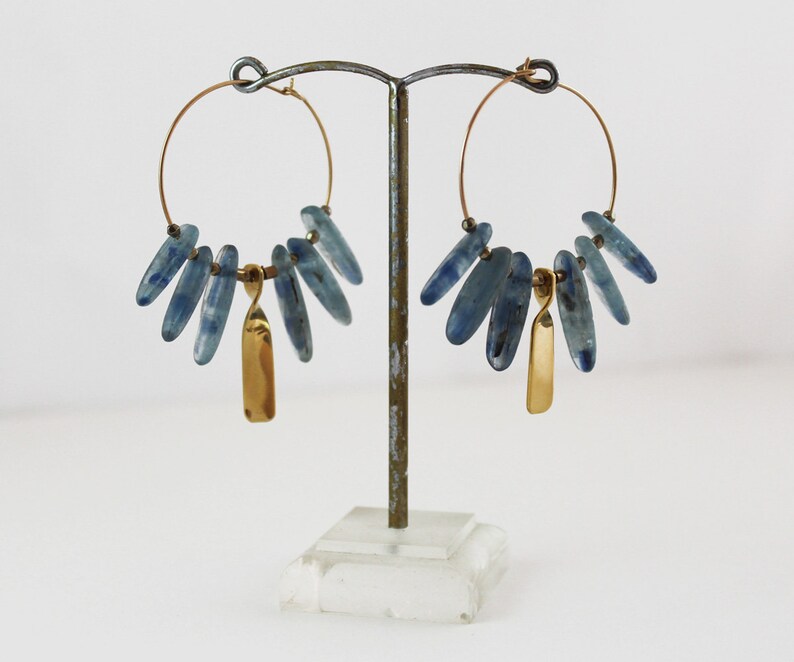 Kyanite earrings Gold blue hoop earrings Blue gemstone boho earrings Energy jewelry image 4