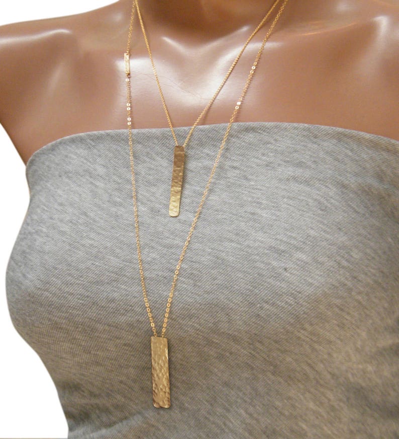 Gold Rectangle necklace Hammered bar necklace Gold bar necklace Long bar necklace image 4