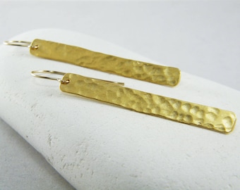 Gold bar earrings hammered Rectangle earrings Long bar earrings Rectangle dangle earrings