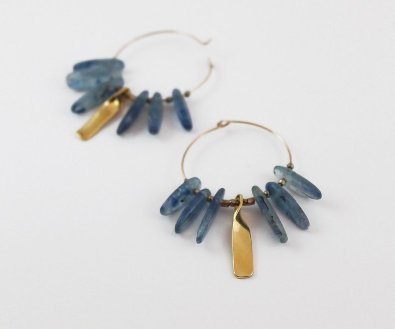 Kyanite earrings Gold blue hoop earrings Blue gemstone boho earrings Energy jewelry image 10