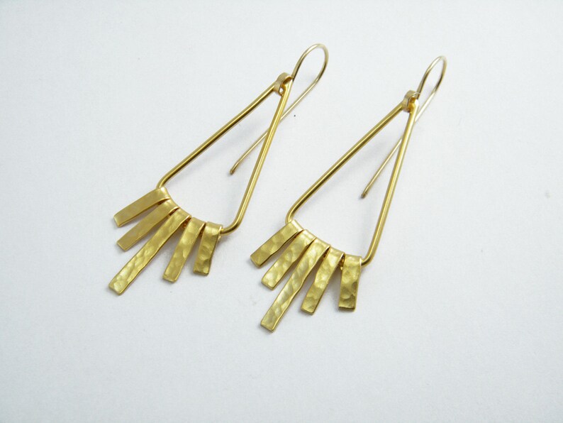 Dangle fringe earrings Triangle dangle earrings Gold hammered earrings Bohemian gold Earrings Gold fringe earrings image 5