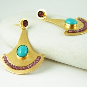 Turquoise gold earring with Garnet bohemian earrings Egyptian jewelry