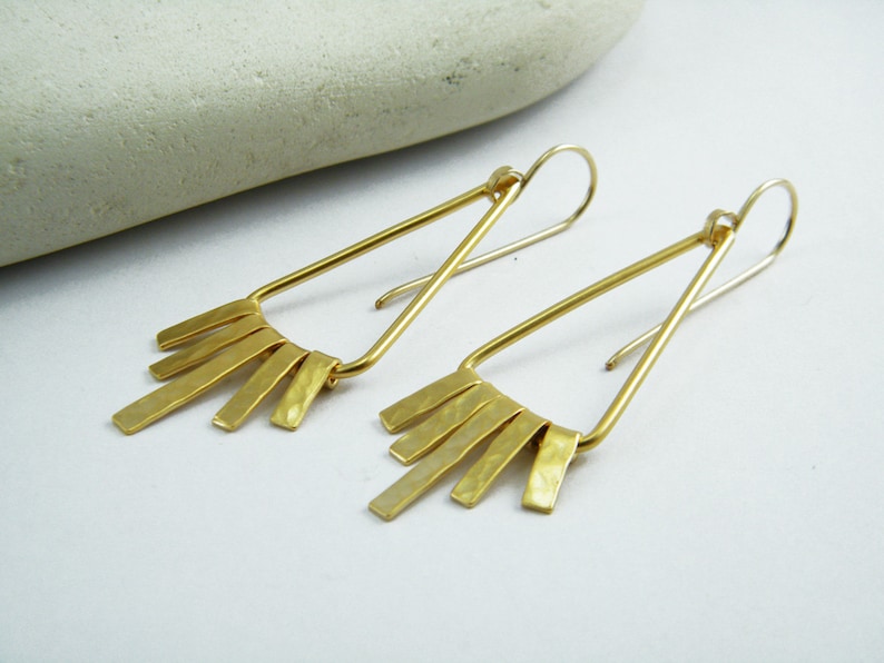 Dangle fringe earrings Triangle dangle earrings Gold hammered earrings Bohemian gold Earrings Gold fringe earrings image 2