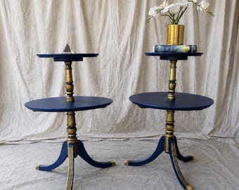 Vintage Tiered Pair Midnight Blue & Gold End Tables