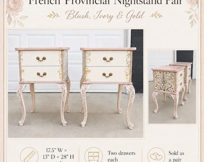Sold do not order French Provincial Hand Painted Nightstand Pair — Blush, Ivory & Gold