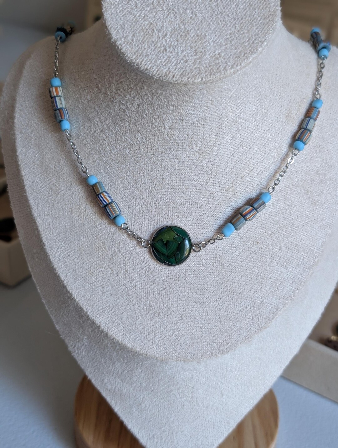 Asian Green Mussel Shell 16mm Necklace With Recycled Glass Beads, Java ...