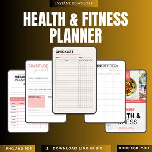 May include: Digital health and fitness planner with multiple pages, including a checklist, meal plan, and gratitude journal. The title "Health & Fitness Planner" is displayed at the top. The planner is available in PNG and PDF formats.