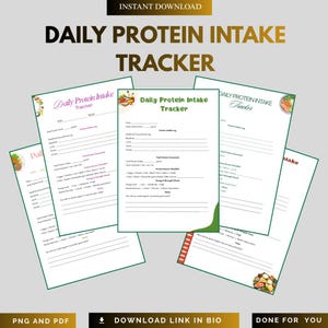 以下が含まれることがあります： 印刷可能なDaily Protein Intake Trackerシートのコレクション。各シートには、毎日のタンパク質目標、食事摂取量、エネルギーレベルを追跡するためのレイアウトがあります。デザインには装飾的な要素と「Daily Protein Intake Tracker」のテキストが含まれています。