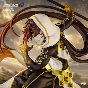 May include: A detailed figurine of a character in a dynamic pose, wearing a white hooded cloak with gold trim over a black and gold outfit. The figure has brown hair and amber eyes. The image includes text that reads "SHINOBU SCULPTS" and "ARTIST IPPEI".