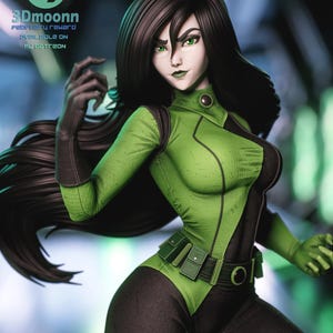 Op de afbeelding: Een 3D-gefigureerde figuur van een vrouw in een groen en zwart bodysuit. De figuur heeft lang zwart haar, groene ogen en groene lippenstift. De figuur draagt een riem met zakjes. De afbeelding bevat tekst met de tekst "3DMOONN February reward available on my Patreon".