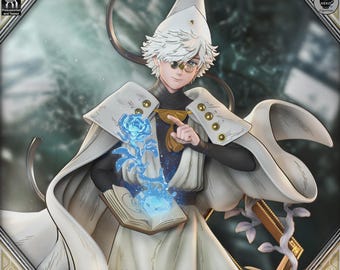 May include: A white-haired character figurine wearing a white pointed hat, a white cape with gold buttons, and dark clothing. The figure holds an open book with a glowing blue rose emerging from the pages, while wearing small round spectacles.