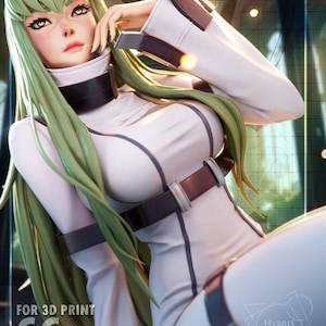 Puede incluir: Una figura de un personaje con cabello largo verde claro y ojos ámbar, vistiendo un traje blanco de cuello alto con correas y detalles en marrón oscuro. La base incluye el texto FOR 3D PRINT C.C. y un logo con HYBRIS 3D STUDIOS.
