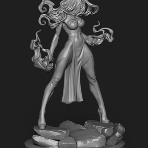 May include: A grayscale 3D-printed figurine of a woman in a flowing dress, standing on a rocky base. The figure has long, wavy hair and is holding stylized flame-like shapes in each hand. The figurine is wearing high heels.
