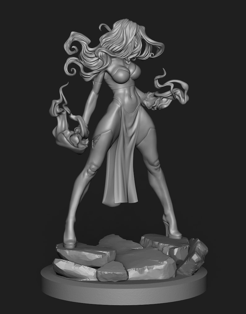 May include: A grayscale 3D-printed figurine of a woman in a flowing dress, standing on a rocky base. The figure has long, wavy hair and is holding stylized flame-like shapes in each hand. The figurine is wearing high heels.