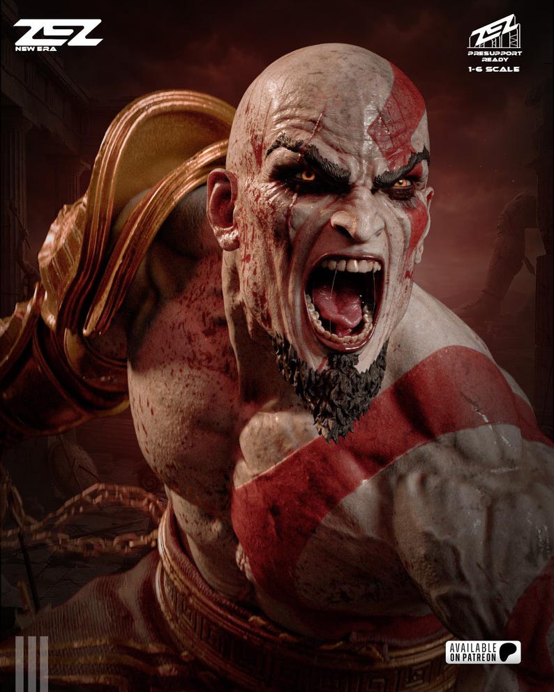Figura de resina de Kratos de God of War – Escala 1/8 1/6 Estatua de fan art impresa en 3D / Regalo de coleccionista imagen 1