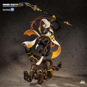 May include: A detailed figurine of a character in a dynamic pose, holding a spear. The figure wears a black and white outfit with gold accents and a hooded cloak. The figure stands on a large, brown hand with gold detailing.