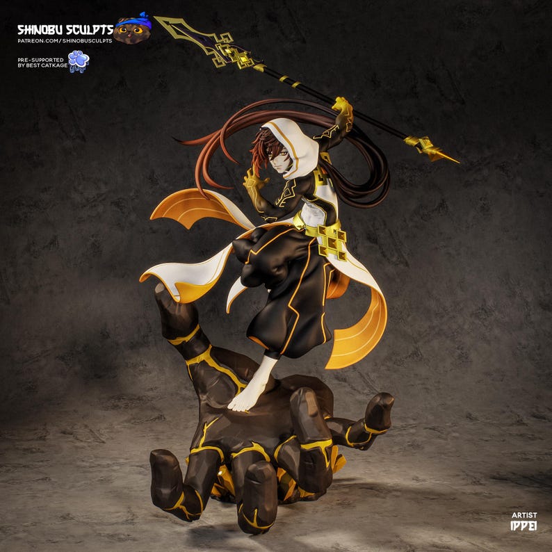 May include: A detailed figurine of a character in a dynamic pose, holding a spear. The figure wears a black and white outfit with gold accents and a hooded cloak. The figure stands on a large, brown hand with gold detailing.