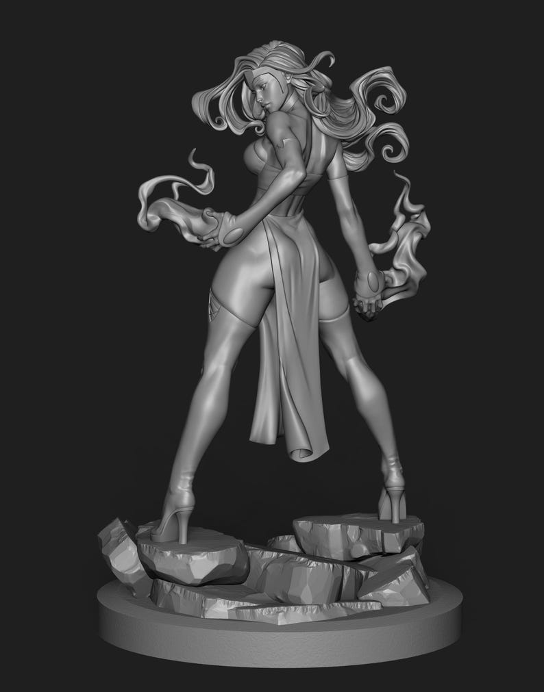 May include: A grayscale 3D-printed figurine of a female character in a dynamic pose. She wears a revealing outfit and high heels, standing on a rocky base. Her long hair flows dramatically, and she holds flowing energy effects.