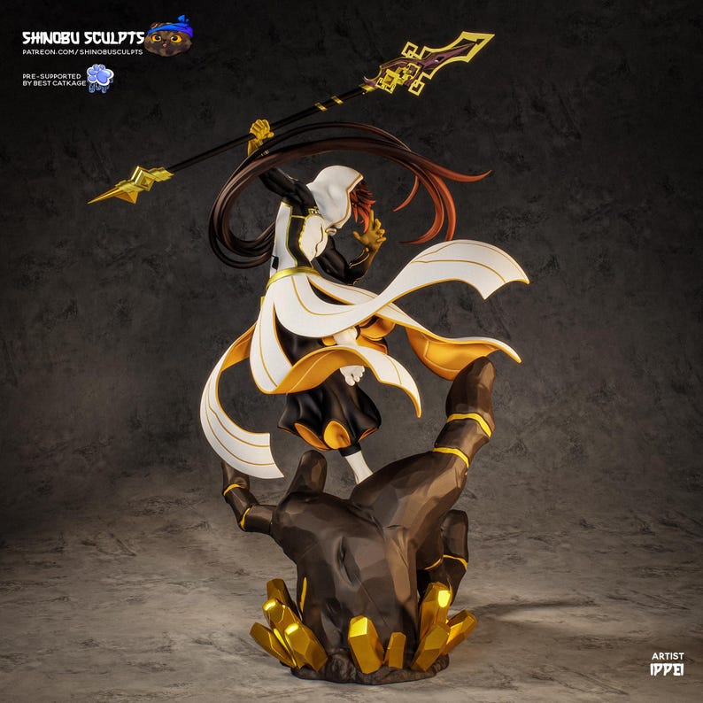 May include: A detailed figurine of a character in a dynamic pose, holding a spear. The figure wears a black and white outfit with gold accents and flowing white fabric. The base is a stylized hand with gold crystal formations.