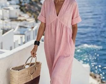 Women’s Bohemian Linen Cotton Dress | Loose Fit Maxi Dress | V Neck Summer Holiday Outfit