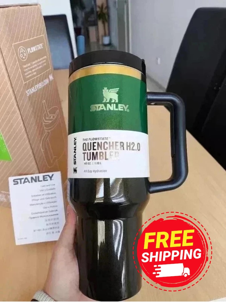Green 40oz Quencher Tumbler, Flowstate H2.0 Stanley Cup with Straw, Insulated Travel Mug with Handle, 40oz Stanley Cup Gift image 1
