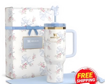 Holiday Rosa Beaux Blue Floral 40oz Quencher Flowstate H2.0 Tumbler Cup And Gift Box, Cute Insulated Travel Cup