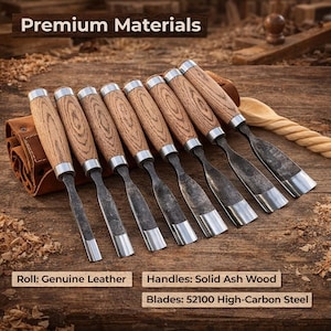 May include: Set of wood chisels with solid ash wood handles and high-carbon steel blades. The chisels are displayed on a wooden surface with a leather roll. The text "Premium Materials" is at the top.