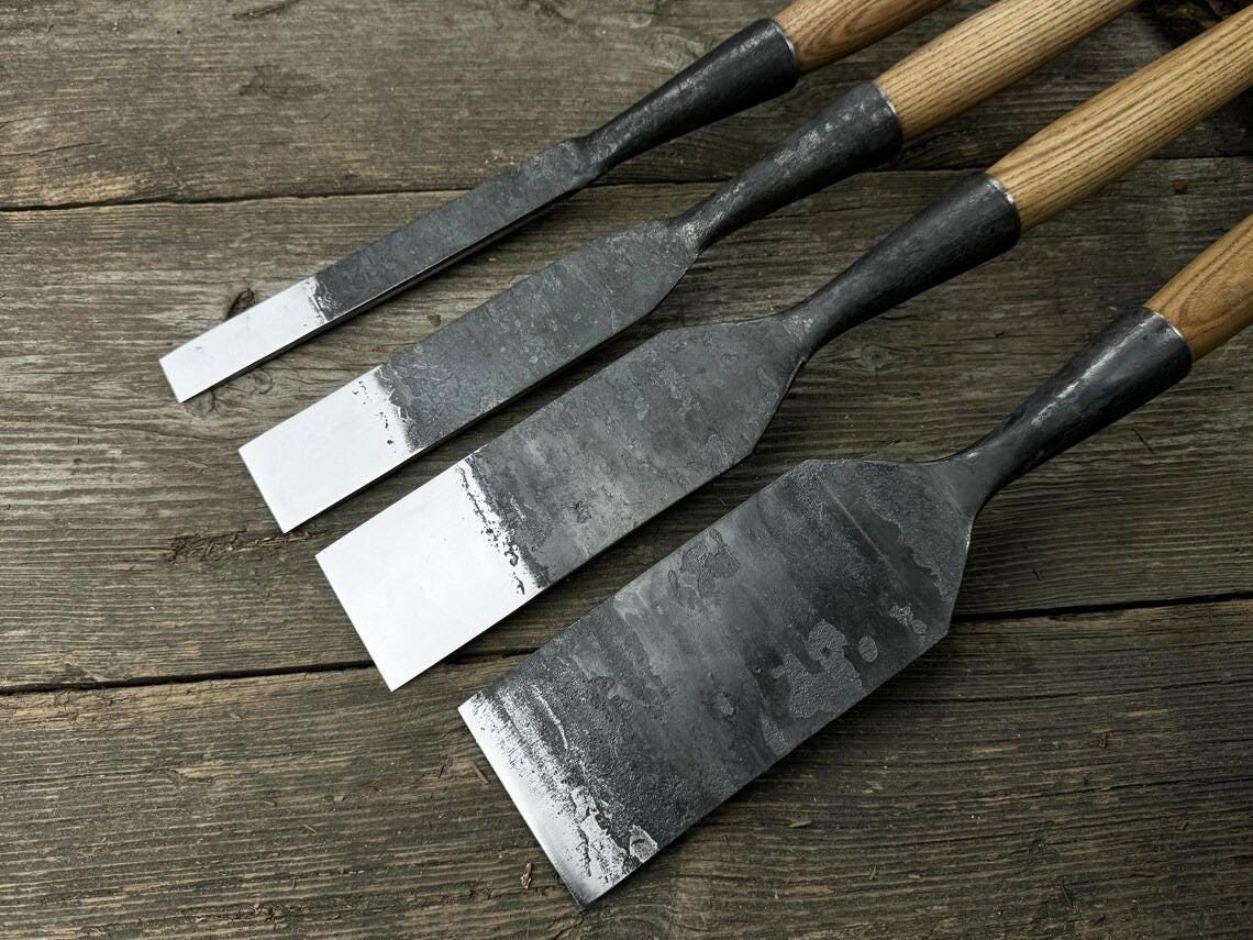 Chisel Shiny 4-piece Chisel Set – 52100 Carbon Steel Blades, Ash Handles, Leather ...