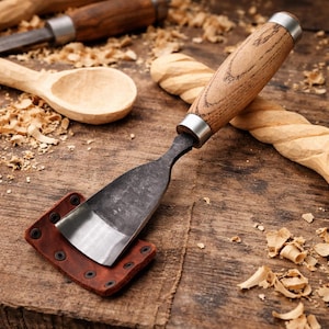 May include: A wood carving gouge with a wooden handle and a metal blade, resting on a brown leather sheath. Other carving tools and wood shavings are scattered on a wooden surface, suggesting a woodworking theme.