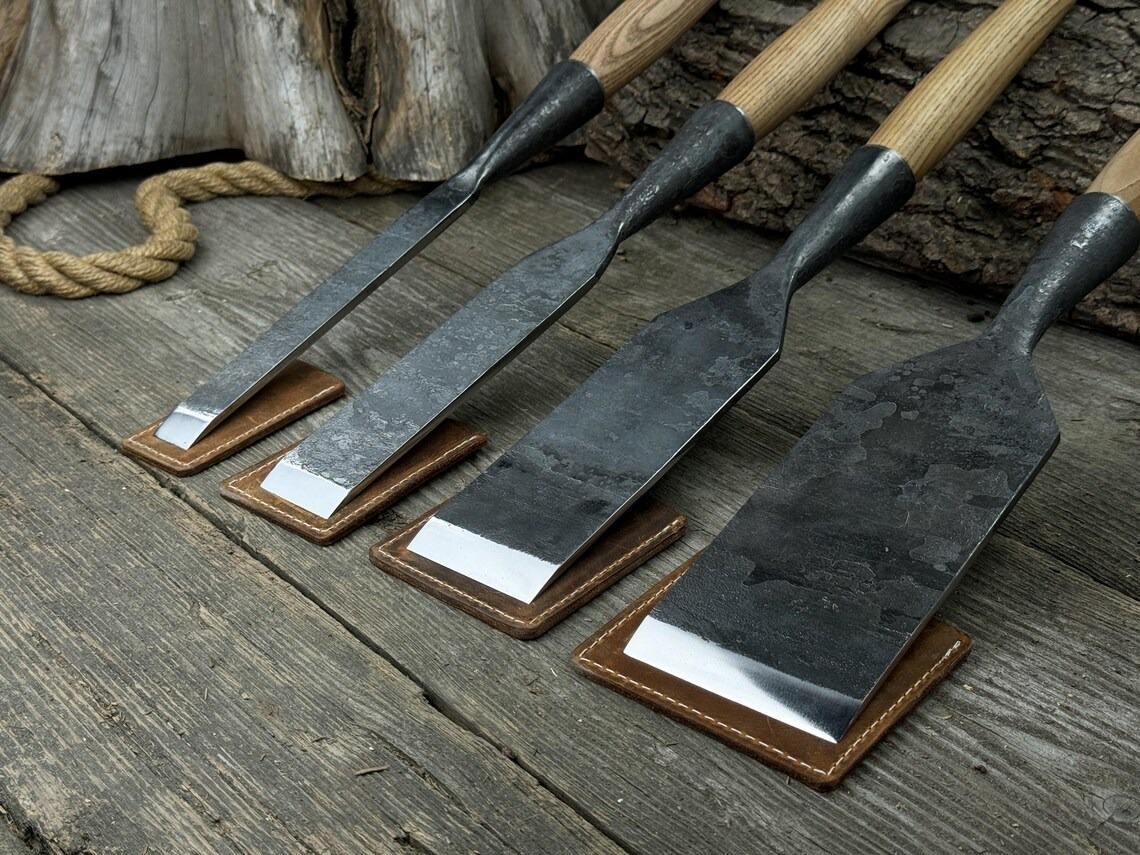 4-piece Chisel Set – 52100 Carbon Steel Blades, Ash Handles, Leather ...