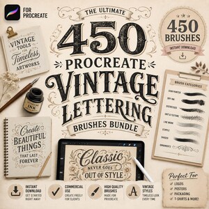 450 Procreate Vintage Lettering Brushes Bundle | Retro Script and Painting Brush | Hand Lettering, Typography & Calligraphy Brushes for iPad