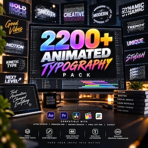 Könnte beinhalten: Ein Computermonitor zeigt ein 2200+ Animated Typography Pack mit buntem 3D-Text. Der Bildschirm zeigt Software-Zeitachsen, während ein Tablet den Text, Text Animation Changed Everything, anzeigt. Symbole für Videobearbeitungssoftware sind sichtbar.