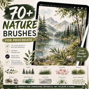 May include: Digital art brushes for Procreate, featuring 70+ nature-themed brushes. The image shows a tablet displaying a watercolor landscape scene with trees, mountains, and water. Includes leaves, trees, grass, flowers, and more. Perfect for landscapes, botanical art, and wildlife.