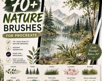 Mais de 70 pincéis de natureza para Procreate | Pincéis botânicos e de paisagem | Pincéis de folhas, árvores e grama | Conjunto de pincéis para Procreate | Download instantâneo