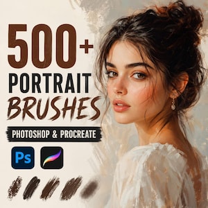 May include: Digital art product advertisement featuring a portrait of a woman with dark hair. The text reads "500+ PORTRAIT BRUSHES" with "Photoshop & Procreate" below. Includes the Photoshop and Procreate logos and brush stroke samples.
