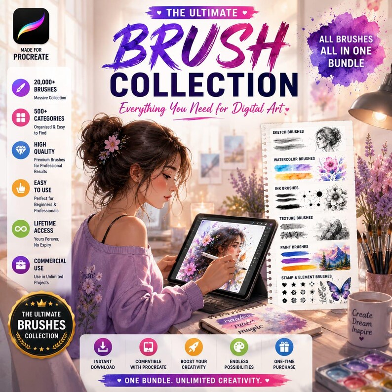 Ultimate Procreate Brushes Mega Bundle | 20,000+ Digital Art Brushes Pack | Watercolor, Sketch, Ink, Texture, Stamp Brush | Instant Download image 2