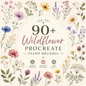 May include: A digital art graphic featuring a collection of watercolor wildflower illustrations. The image includes a central design element with the text "90+ Wildflower Procreate Stamp Brushes" and icons indicating instant download, made for Procreate, and high quality.