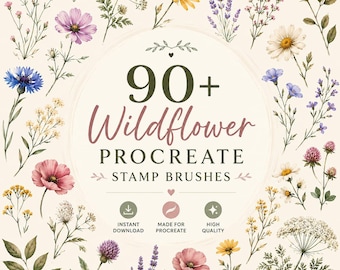 Mais de 90 pincéis de carimbo de flores silvestres para Procreate | Conjunto de pincéis florais botânicos para Procreate | Pacote de carimbos de flores | Download digital