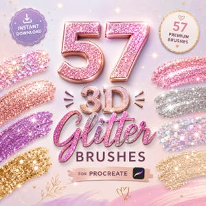 May include: An image showcasing 57 premium 3D glitter brushes for Procreate. The number 57 is in large, sparkling pink glitter, with the words "3D Glitter Brushes" below. Various glitter brush strokes in pink, gold, and silver are displayed.