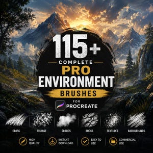 May include: A digital art pack for Procreate, offering 115+ complete pro environment brushes. The image displays a landscape with mountains, clouds, and a waterfall. Includes brushes for grass, foliage, clouds, rocks, textures, and backgrounds.