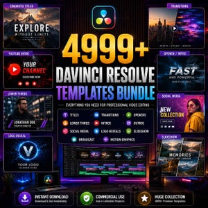 May include: A digital product bundle featuring 4999+ DaVinci Resolve templates. The graphic displays various video editing categories including cinematic titles, transitions, YouTube intros, lower thirds, logo reveals, and social media graphics.