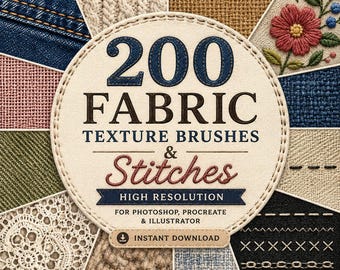 200 Pincéis de Textura de Tecido e Pontos para Procreate – Pacote de Pincéis de Textura para Costura, Bordado, Tricô, Jeans e Tecido para Artistas no iPad