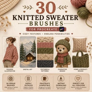 Pode incluir: Um conjunto digital de 30 pinc&eacute;is de su&eacute;ter de tric&ocirc; para Procreate, apresentando exemplos de ilustra&ccedil;&atilde;o de moda, arte digital, texturas de tecido, design de personagens com um urso de pel&uacute;cia e design de produtos para casa.