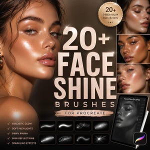 20 Face Shine Procreate-borstar | Glansig hud och glödeffekter-borsteset | Makeup-slingor för digital porträttkonst