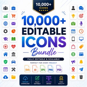 May include: A digital bundle of 10,000+ editable icons featuring a wide variety of colorful symbols arranged in columns. The central text reads 10,000+ EDITABLE ICONS Bundle, with file format labels for SVG, AI, EPS, PNG, and PSD displayed below.
