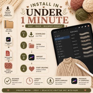 Pode incluir: Um gr&aacute;fico digital de instru&ccedil;&otilde;es para um conjunto de pinc&eacute;is Procreate com um guia de instala&ccedil;&atilde;o de quatro passos. O texto diz Install in under 1 minute, Easy, Quick, Beginner Friendly e mostra um tablet com um menu de biblioteca de pinc&eacute;is.