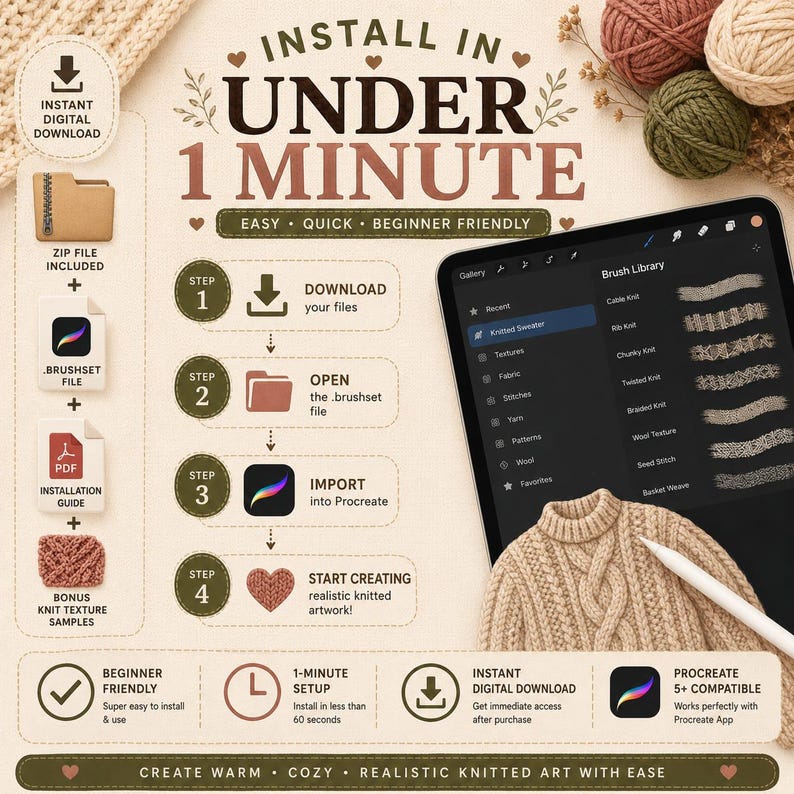 Pode incluir: Um gr&aacute;fico digital de instru&ccedil;&otilde;es para um conjunto de pinc&eacute;is Procreate com um guia de instala&ccedil;&atilde;o de quatro passos. O texto diz Install in under 1 minute, Easy, Quick, Beginner Friendly e mostra um tablet com um menu de biblioteca de pinc&eacute;is.